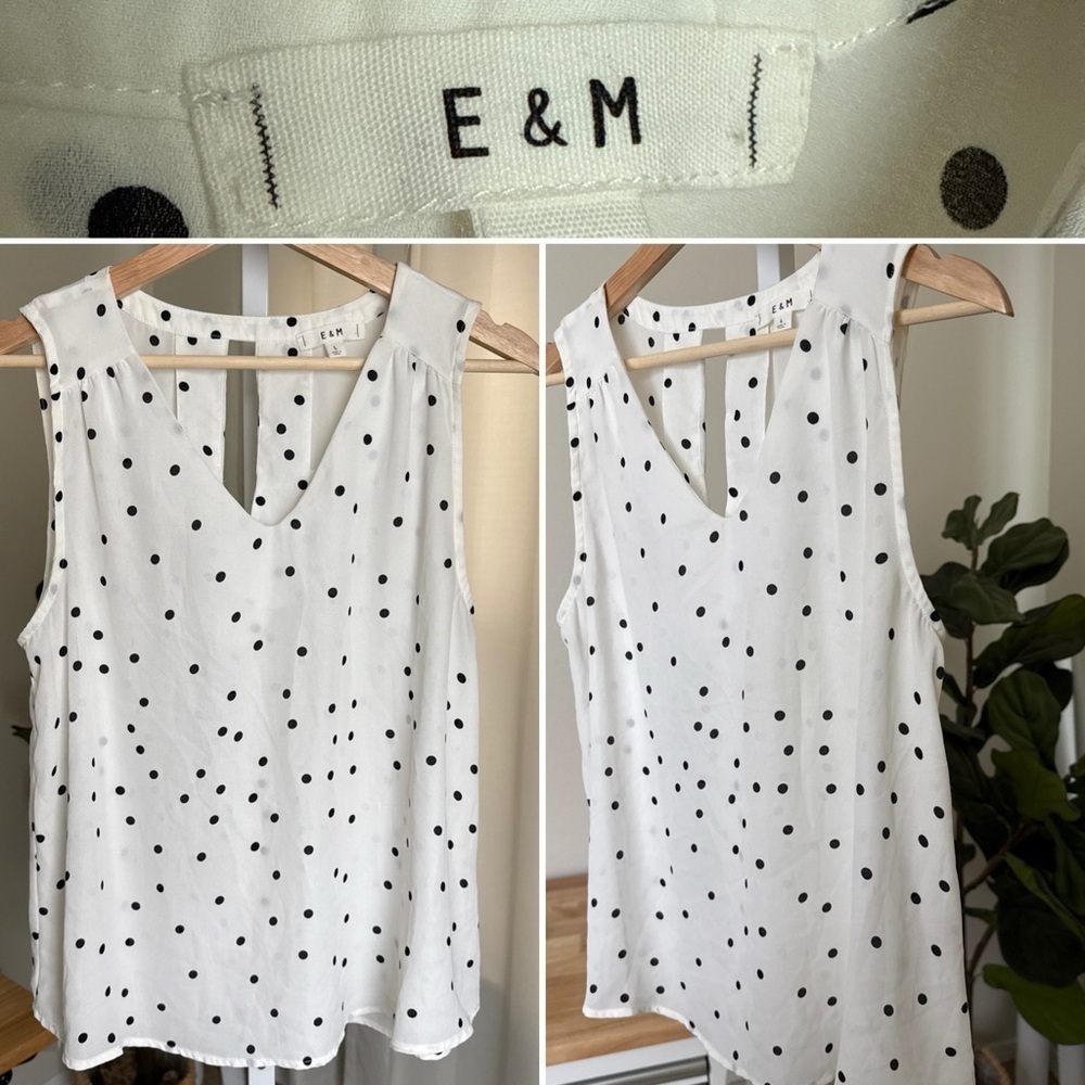 E & M Women’s White with Black Polka Dot Sleeveless Blouse V Neck Size L
